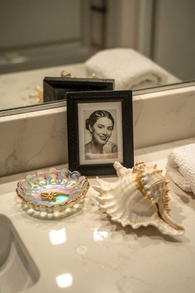 bathroom counter decor with frame and seashell bathroom counter decor with frame and seashell