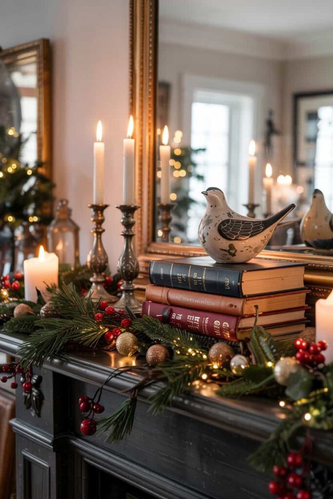 christmas mantel decor with vases and books 1 christmas mantel decor with vases and books 1