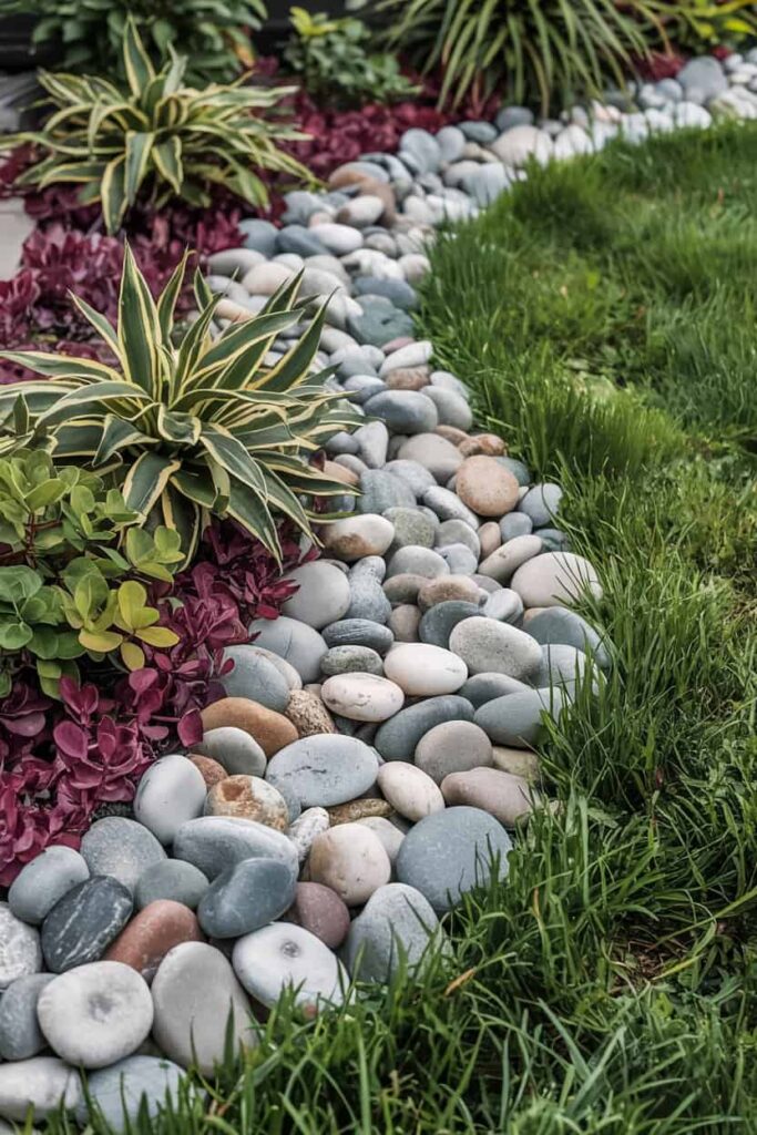 small lawn border grey river rocks 1