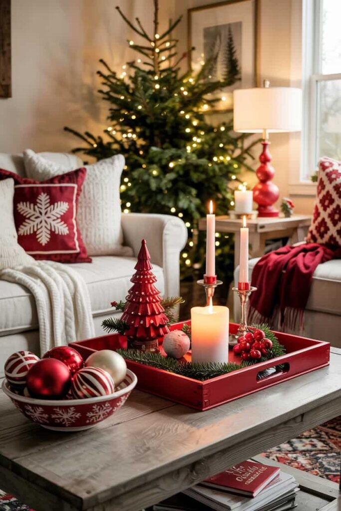 a cozy winter living room scene a red ornaments