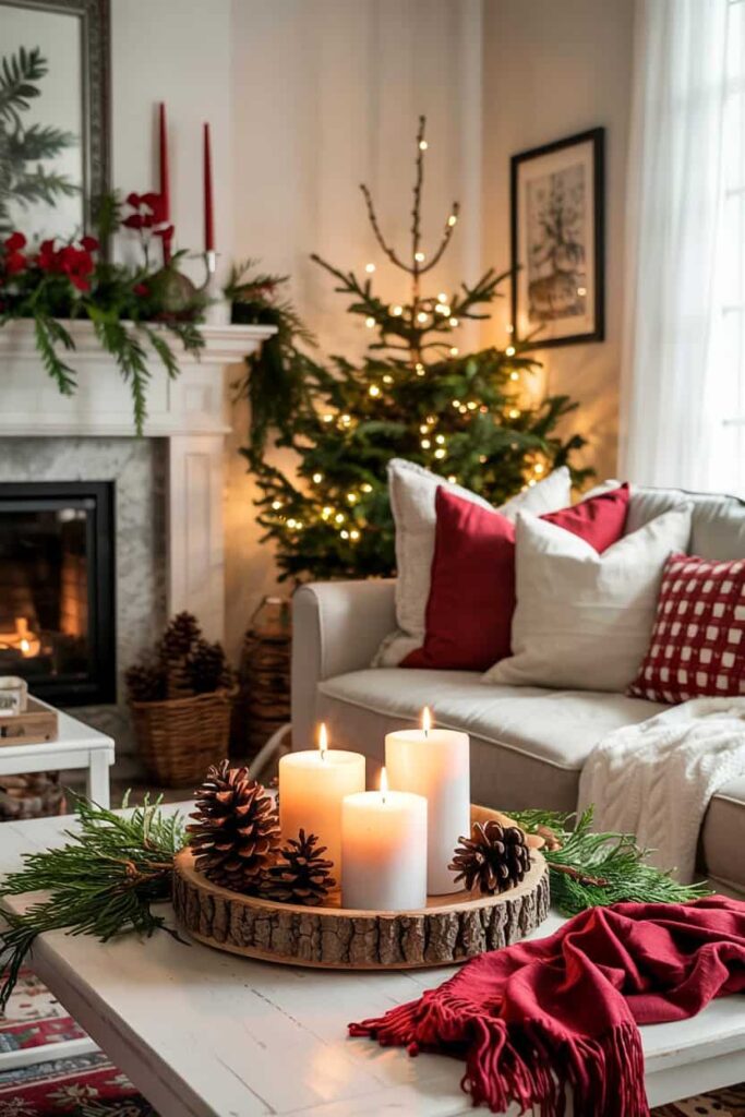 a cozy winter living room scene greenery