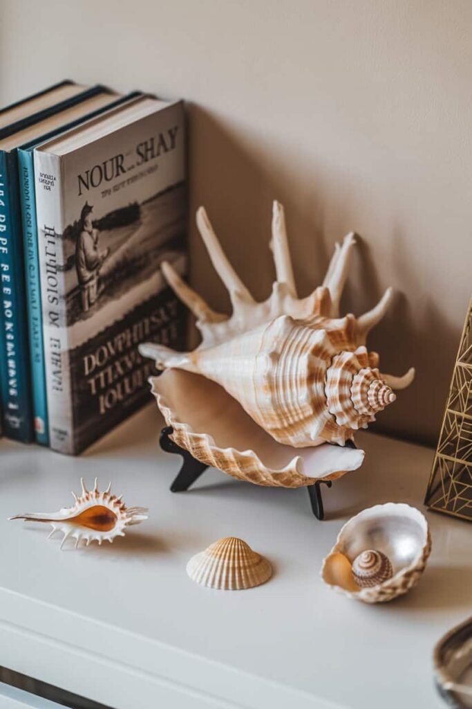 seashells display give bookshelf